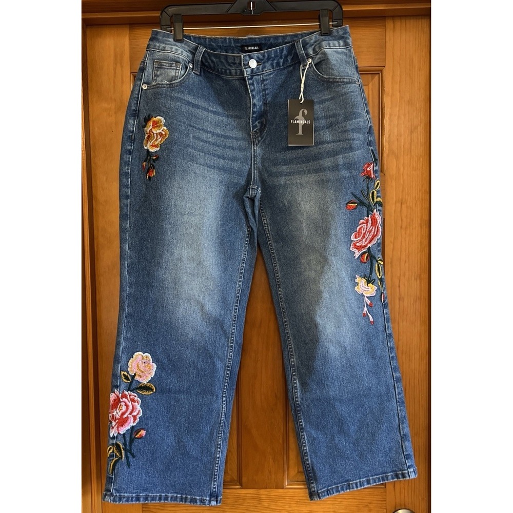 Flamingals Women's Floral Embroidered Denim Jeans Wide Leg Sz XL